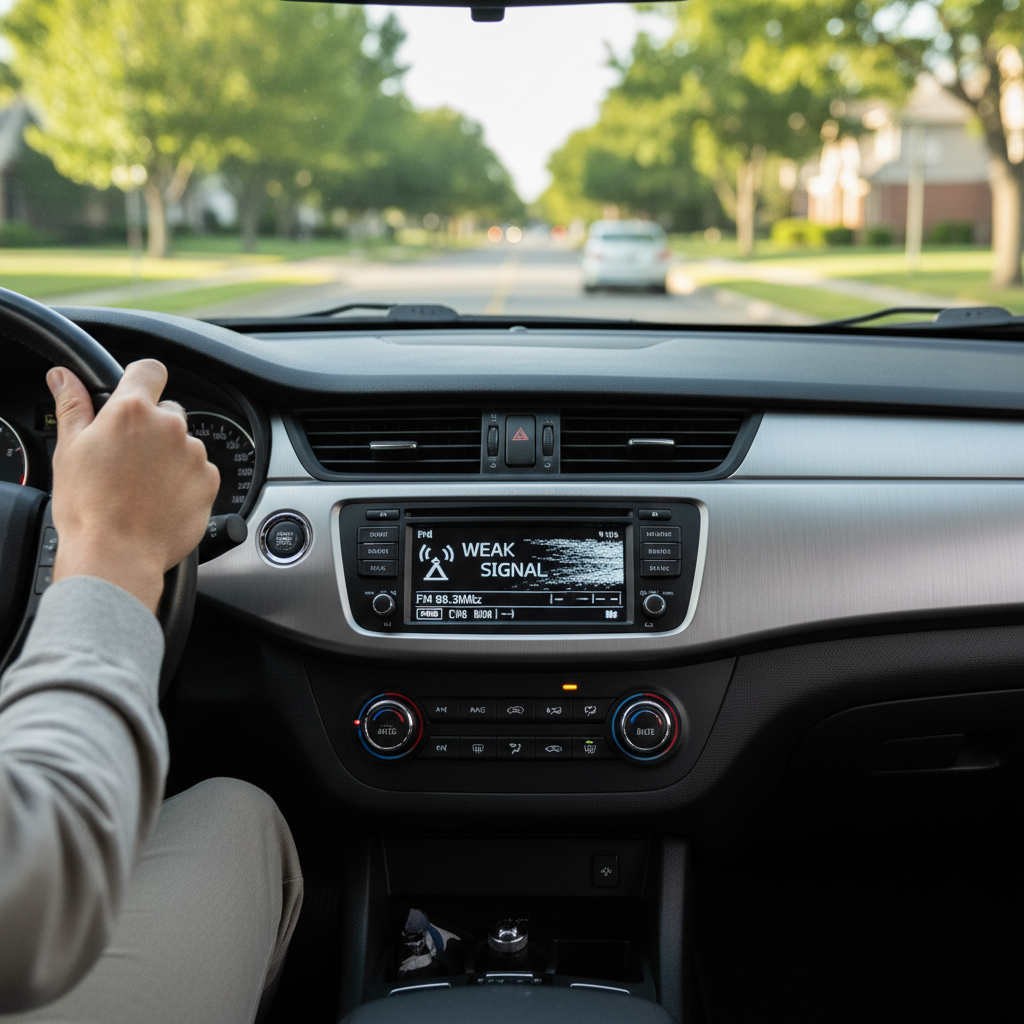 Car dashboard radio showing weak FM signal and static while driving