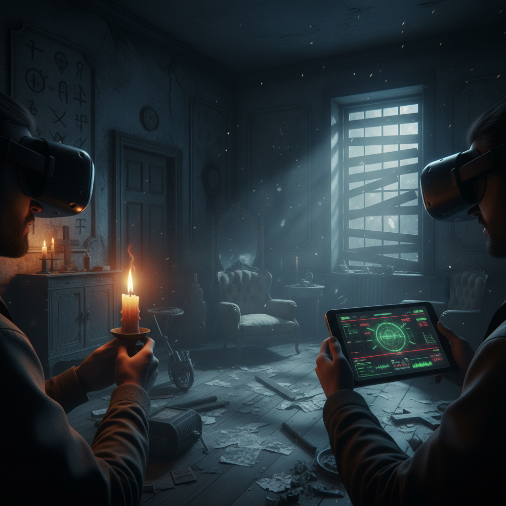 Co-op VR exorcism team coordinating with headsets in a dark haunted room