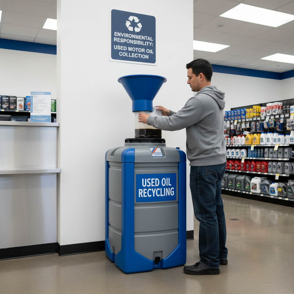 Customer dropping off used motor oil at a recycling station in an auto parts store