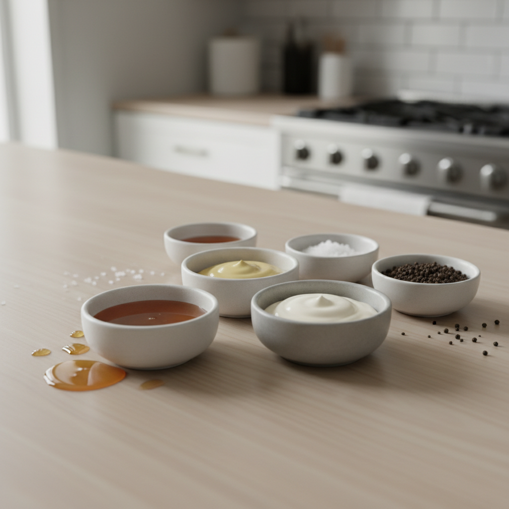 Homemade honey mustard sauce ingredients on a kitchen counter