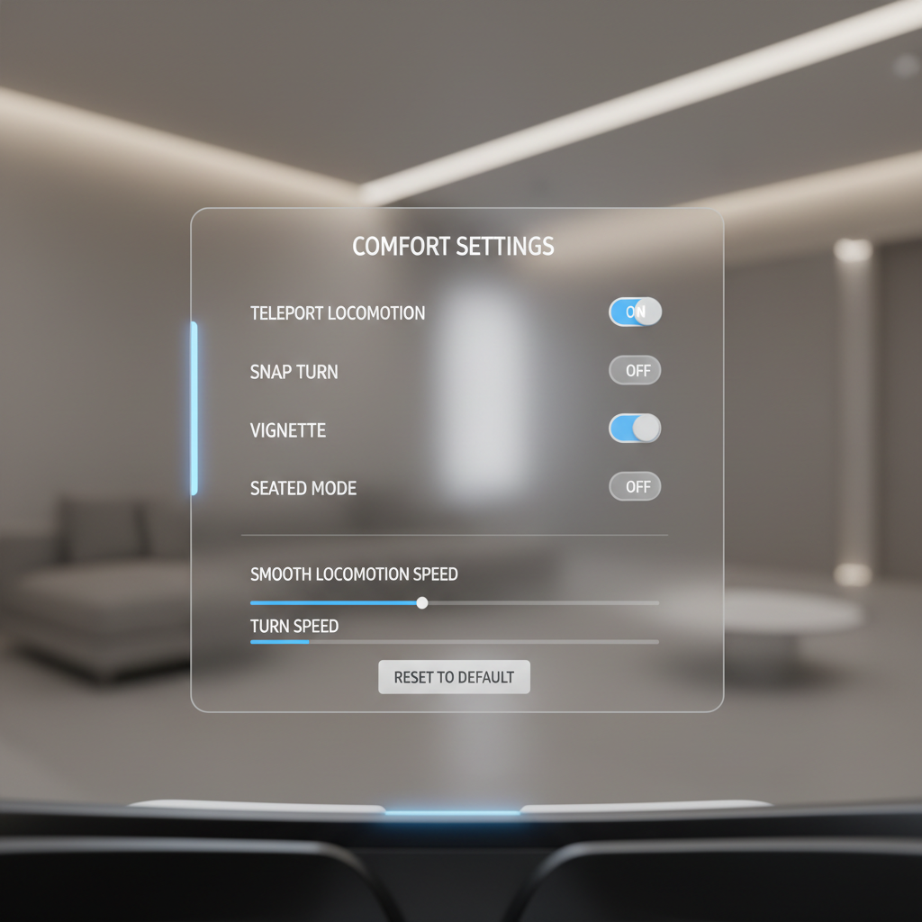 VR comfort settings menu showing snap turn and vignette options
