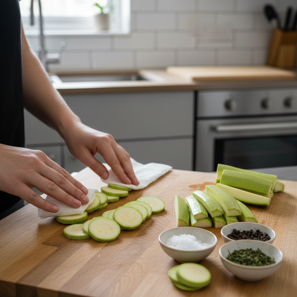 Patting zucchini dry and cutting thick spears for roasting and sautéing