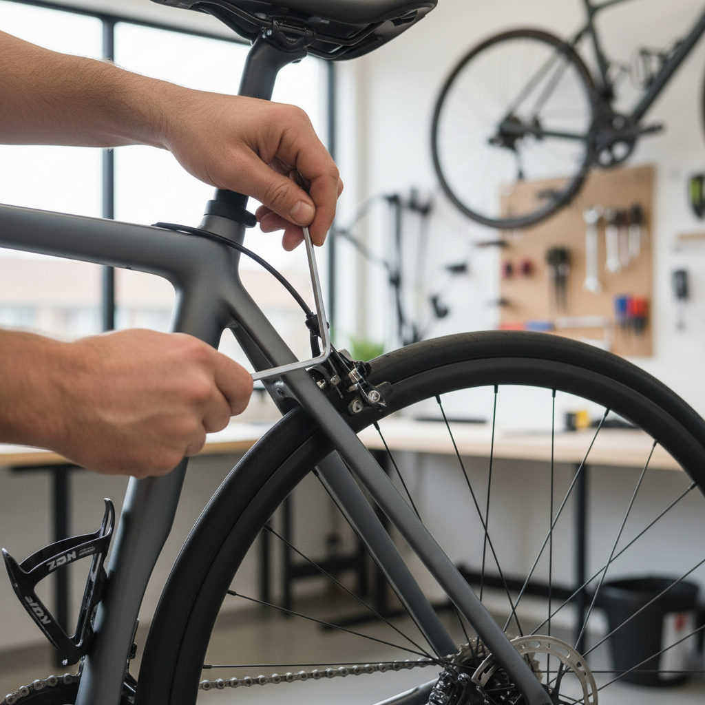 Mechanic installing a road bike fender stay and adjusting alignment