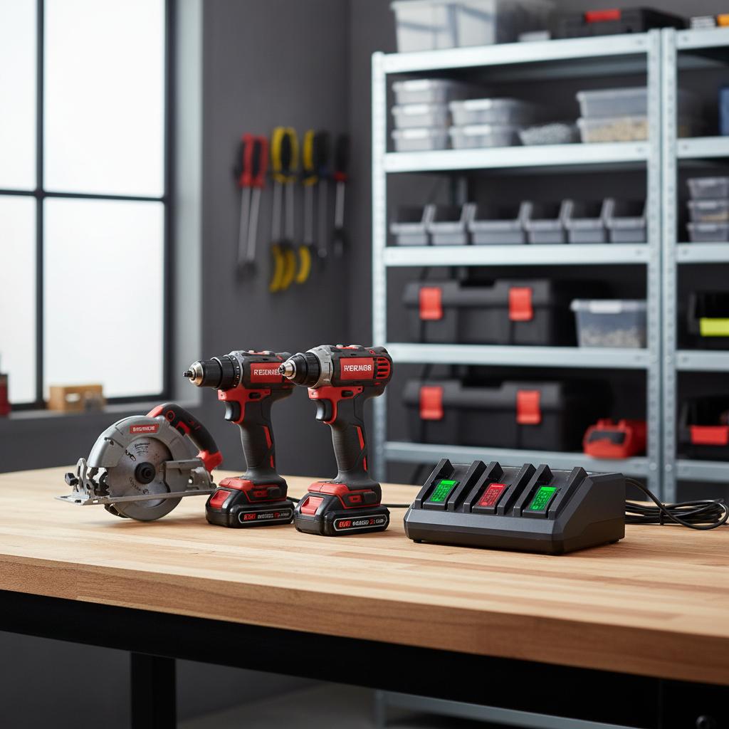Workshop bench with cordless power tools and multi-bay battery charger