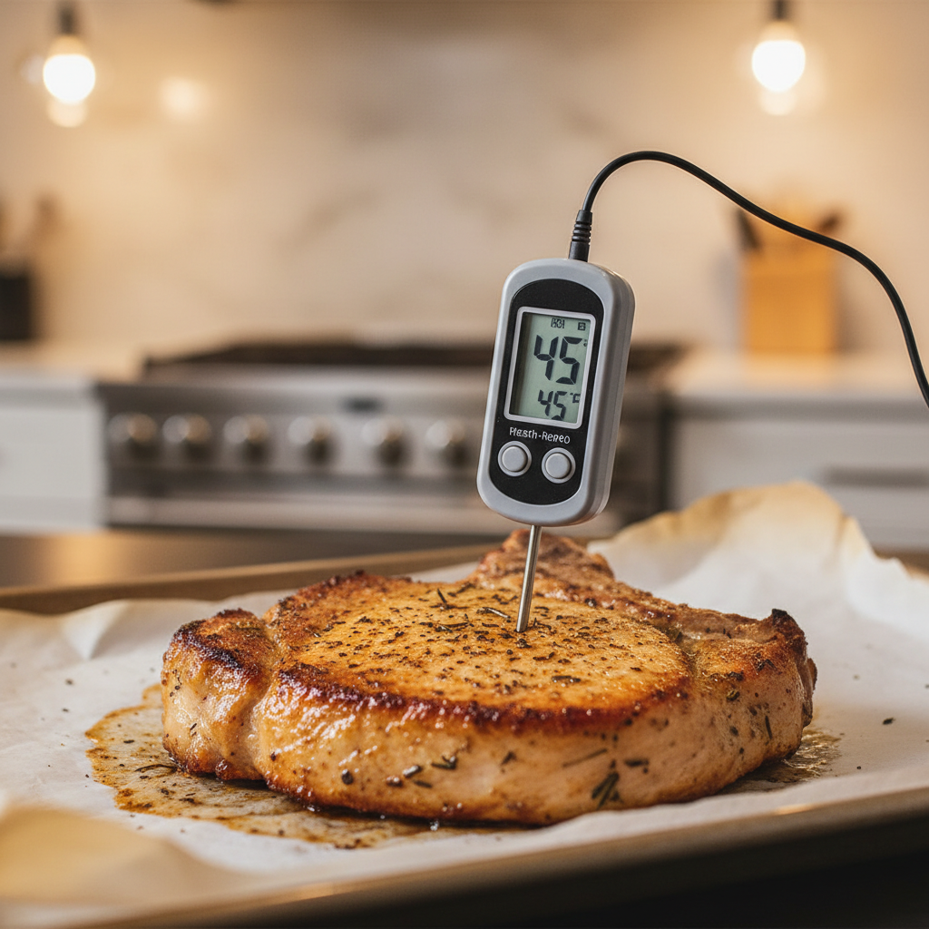 Instant-read thermometer checking pork chop temperature in oven