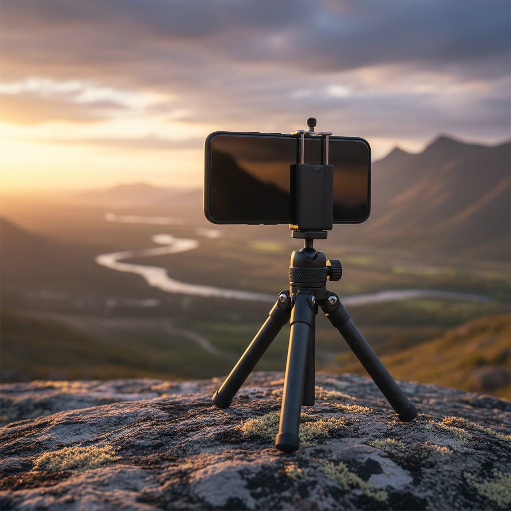 Phone mounted on a compact travel tripod for mobile photography outdoors