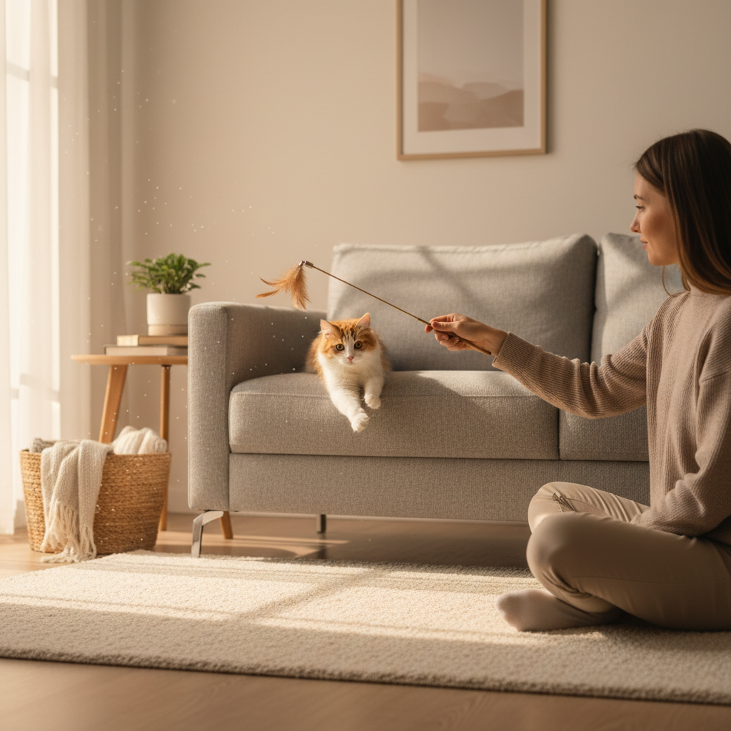 Owner offering a wand toy to encourage a hiding cat to come out safely