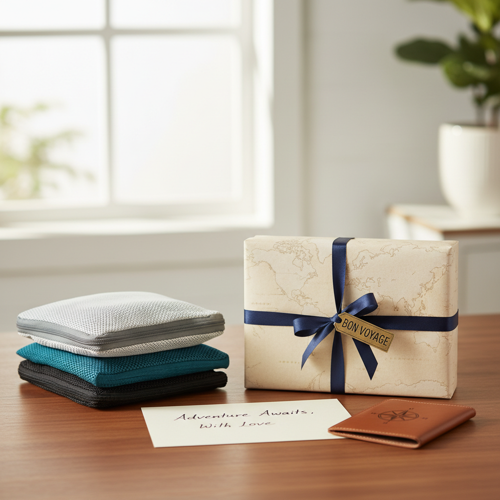 Thoughtful travel gift wrapping with a small note and travel accessories