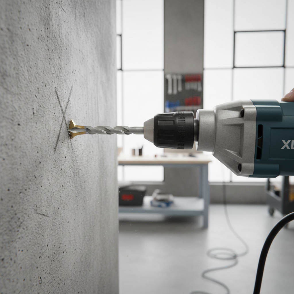 Corded drill with a carbide masonry bit positioned on a concrete wall mark