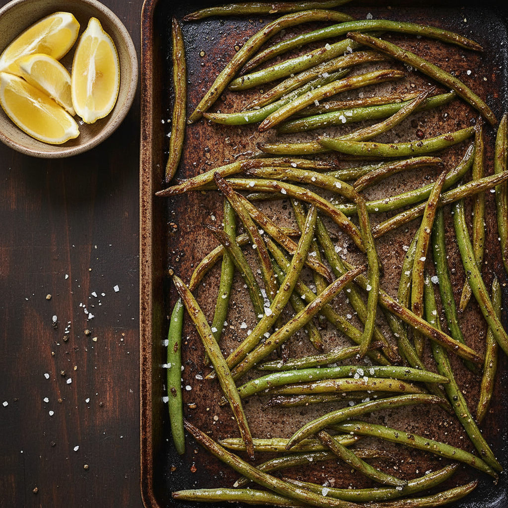 Roasted green beans on a sheet pan with browned edges and simple seasoning