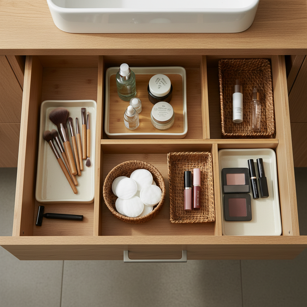 Bathroom vanity drawer with adjustable organizers and separated categories