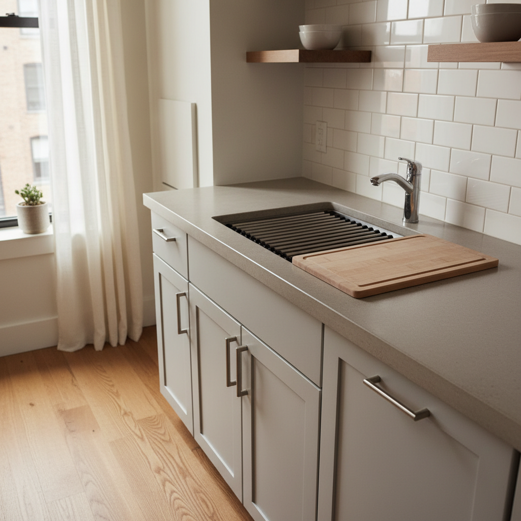 Compact sink setup in a tiny kitchen with accessories