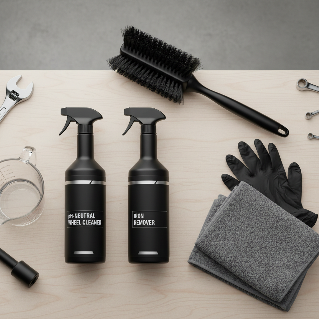 Wheel cleaner comparison table concept with bottles labeled pH neutral and iron remover