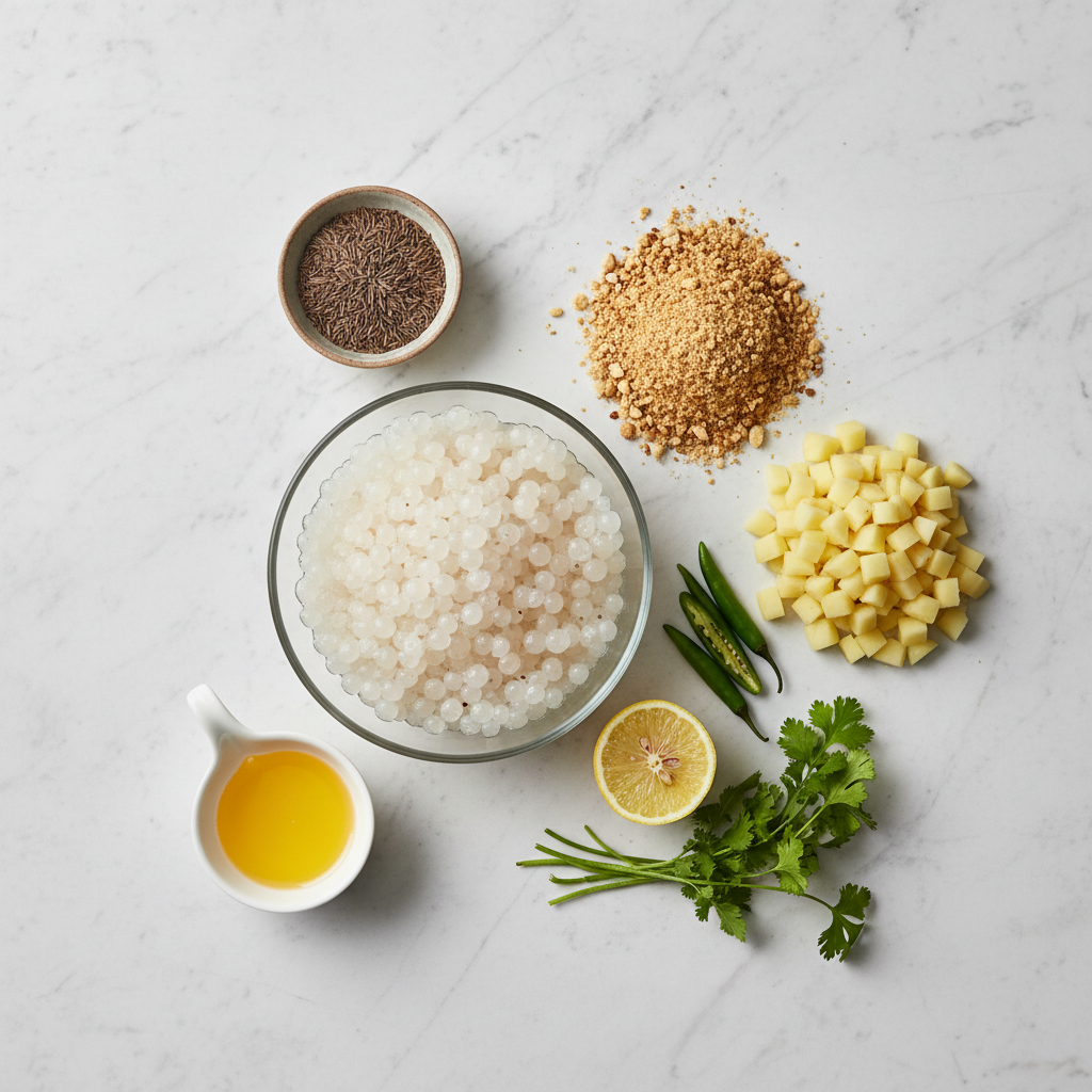 Ingredient prep for sabudana khichdi including soaked tapioca, roasted peanuts, potatoes, cumin, and herbs