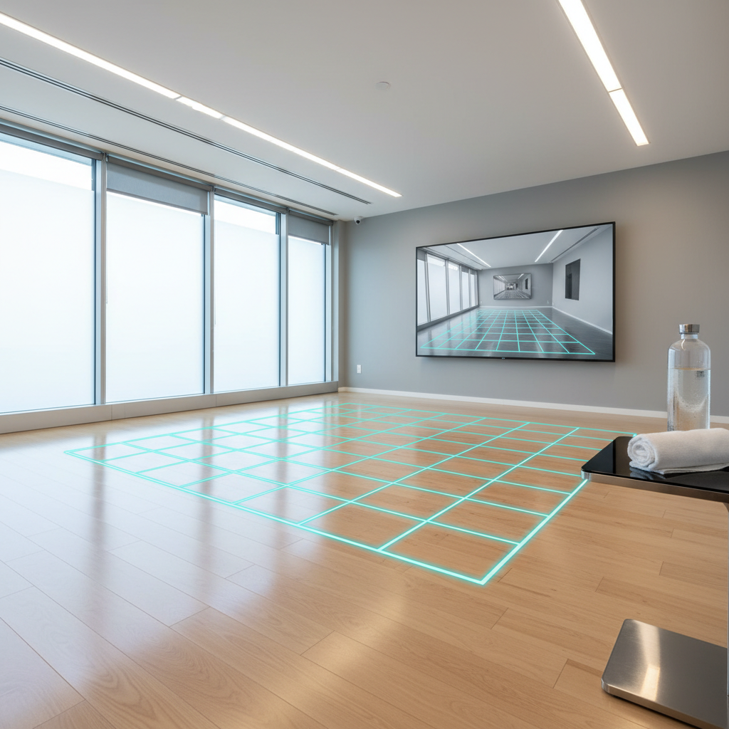VR safety setup for dancing with clear guardian boundary and water bottle nearby