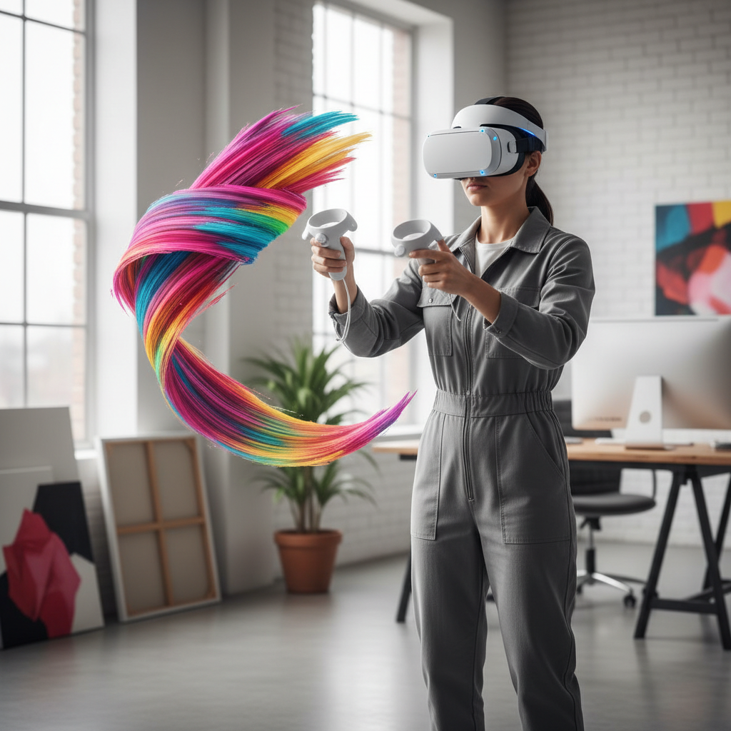 Artist using a VR headset to paint in 3D space in a home studio