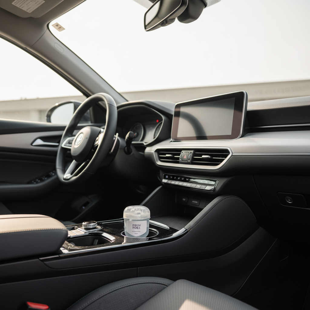 Gel car air freshener placed in a car cup holder for discreet odor control