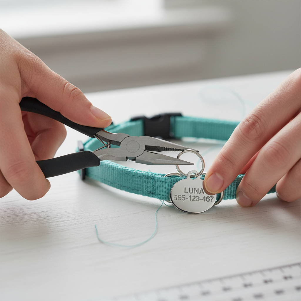 Hands attaching a cat ID tag to a breakaway collar using a sturdy split ring