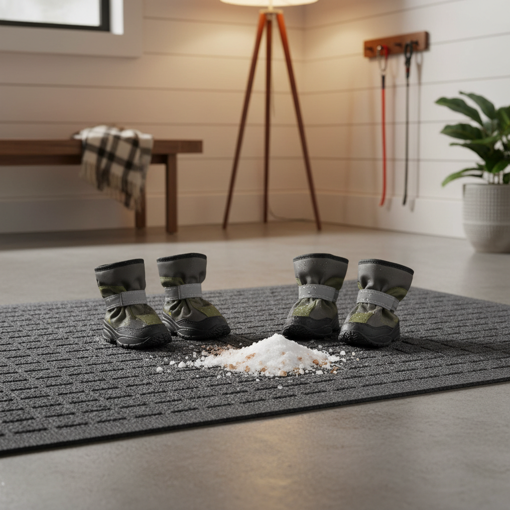 Dog boots drying near a doorway after a winter walk with salt and slush