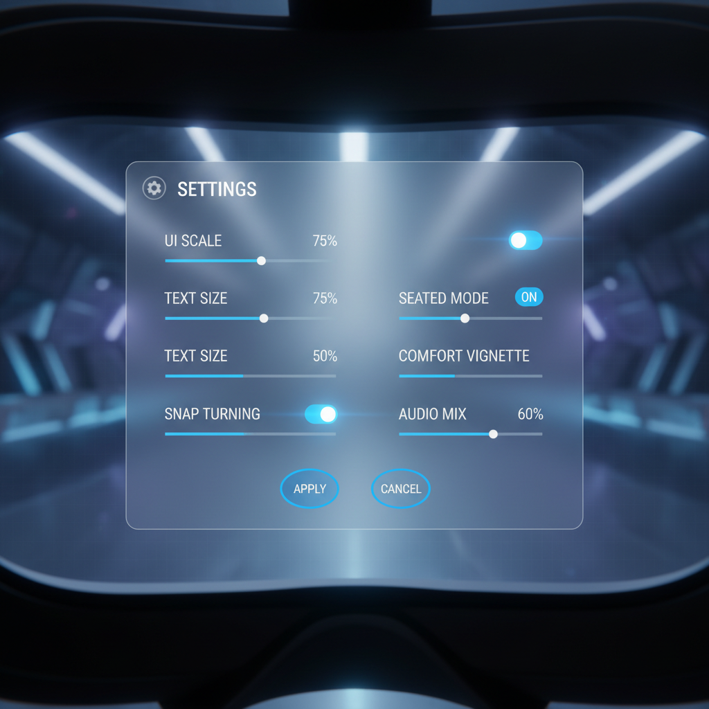 Comfort settings menu for a VR strategy game showing UI scale and snap turn options