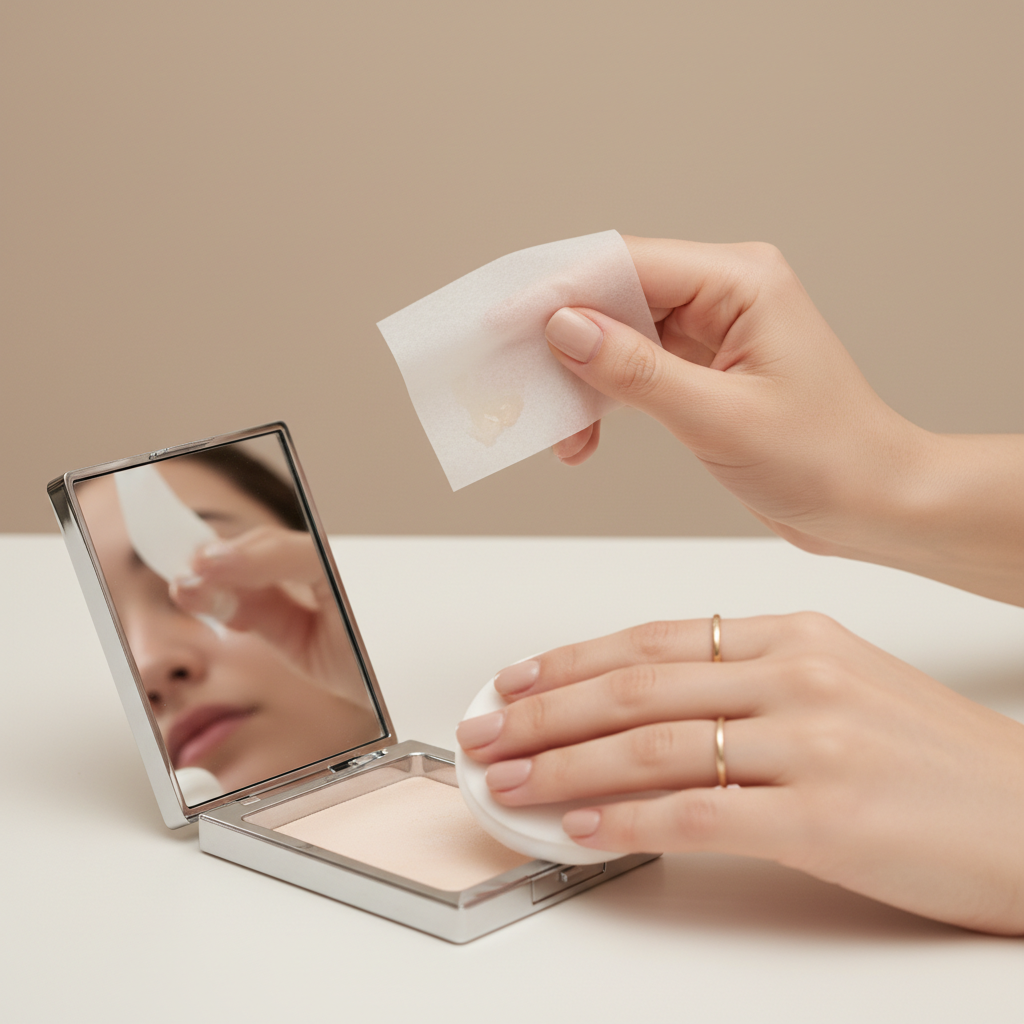 Blotting oily skin and touching up makeup with translucent powder compact