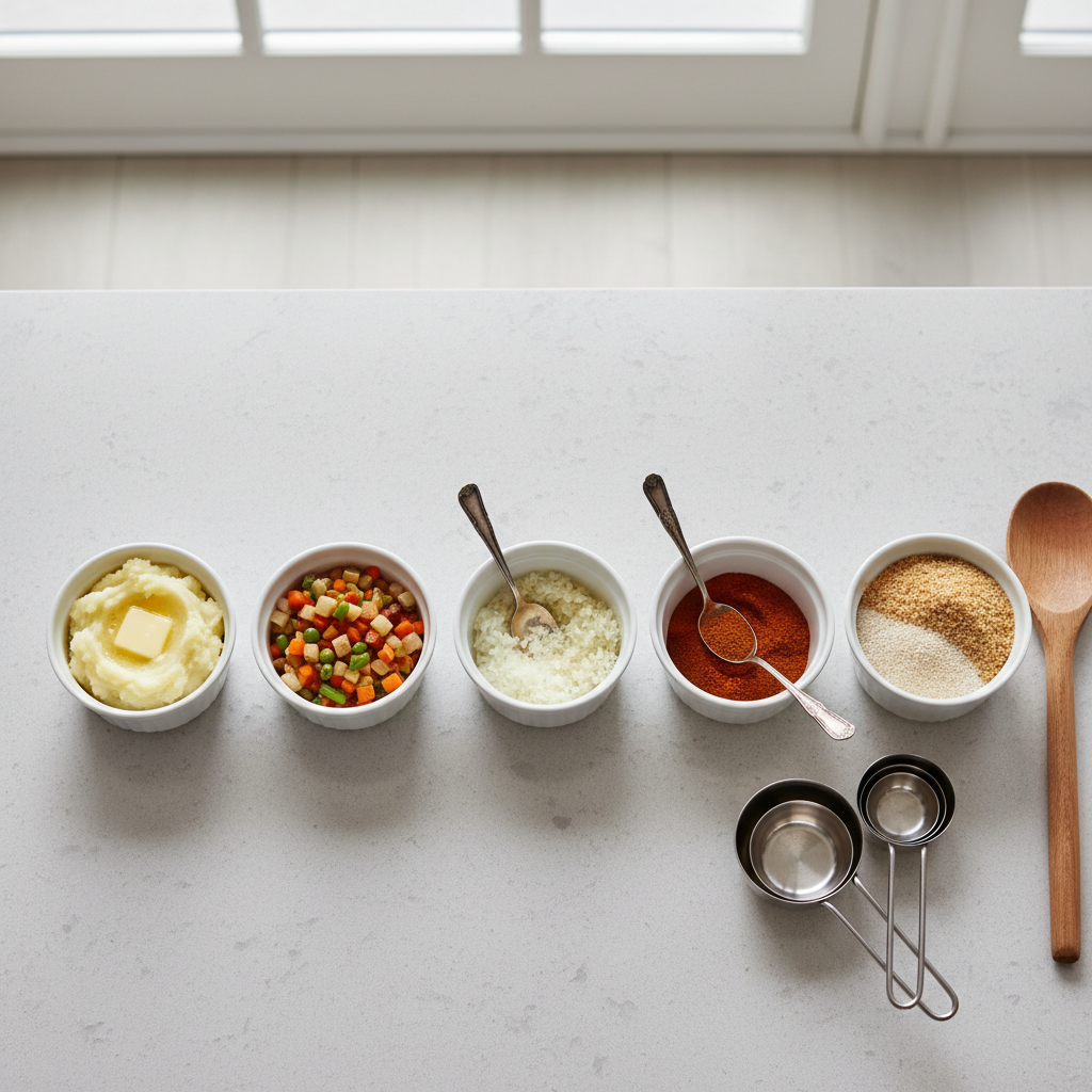 Prep bowls with mashed potatoes, mixed vegetables, spices, and breadcrumbs for cutlets