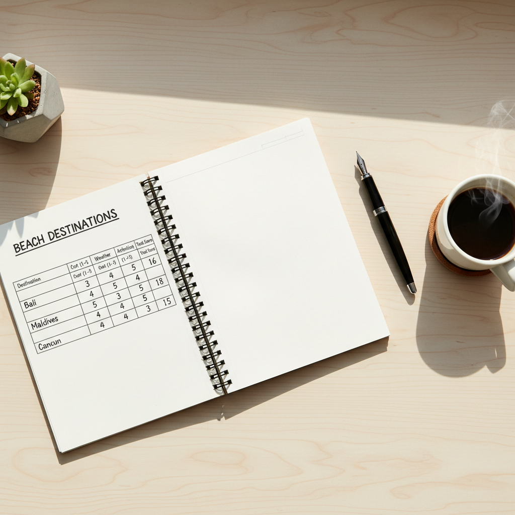 Simple beach trip decision matrix on a notebook with coffee