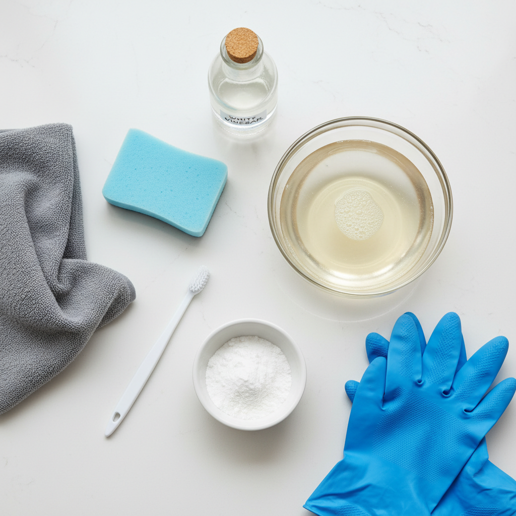 Simple tools to clean a dishwasher filter and door gasket on a kitchen counter