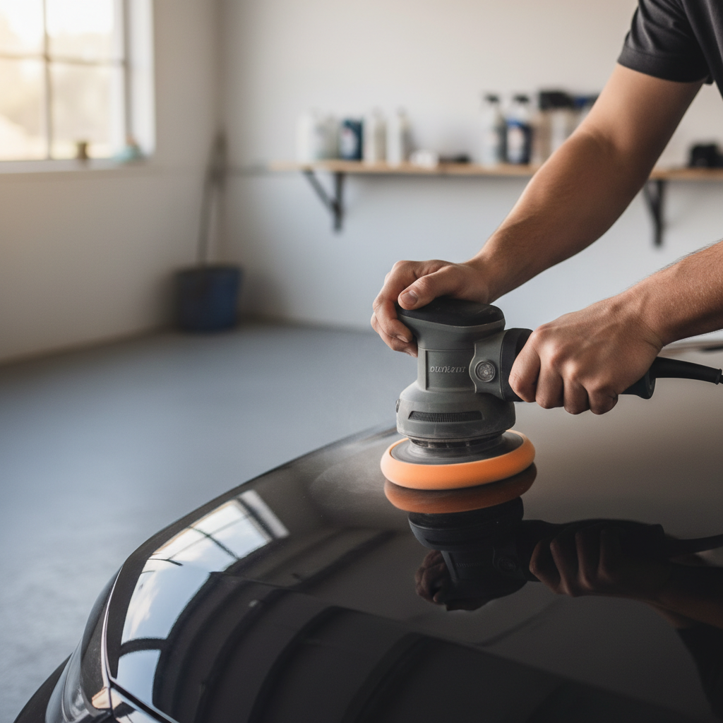 Beginner using a dual action car polisher on a car hood