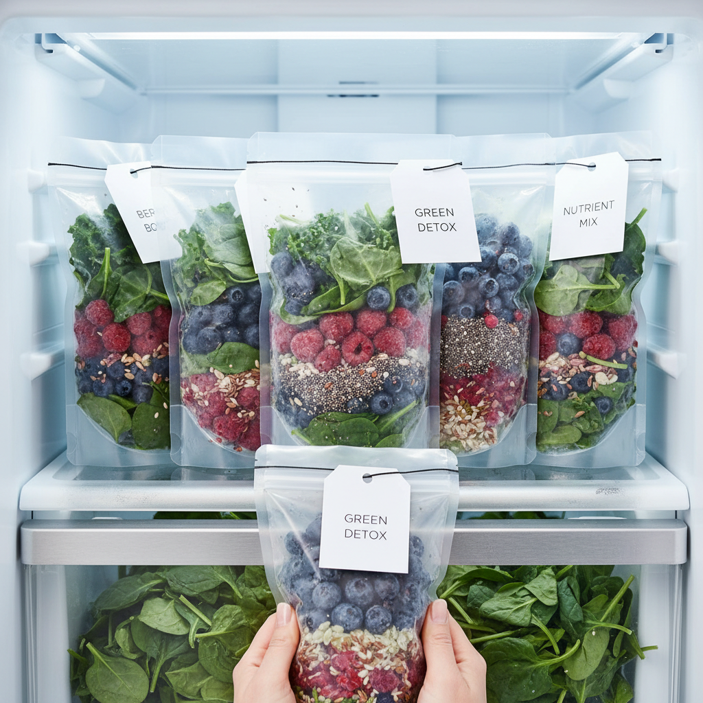 Meal-prep smoothie freezer packs labeled for weight loss in a freezer drawer