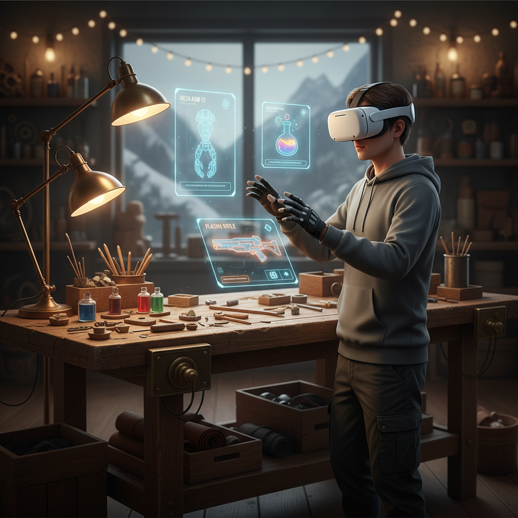 VR player crafting items on a workbench in a cozy workshop game
