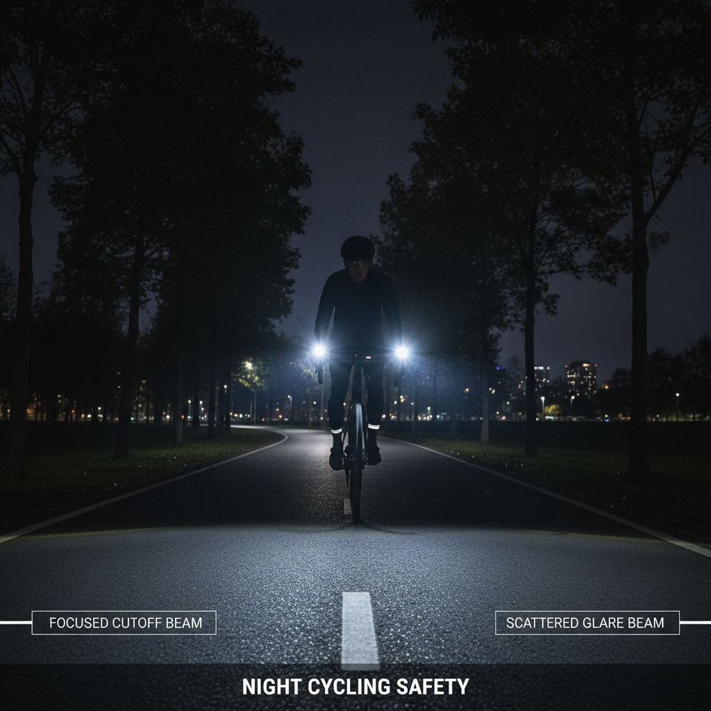 Bike light beam pattern comparison on a dark path with cyclist