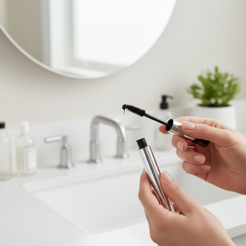 Close-up of mascara wand being wiped to prevent clumps