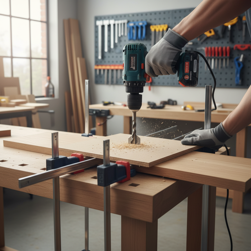 Carpenter using a backer board to prevent tear-out when drilling with a spade bit