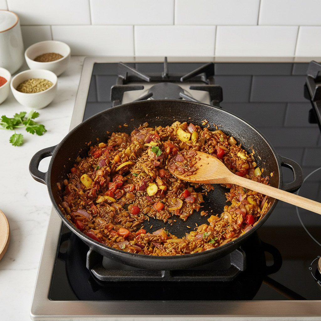 Baingan bharta masala base cooking with onions tomatoes and spices in skillet