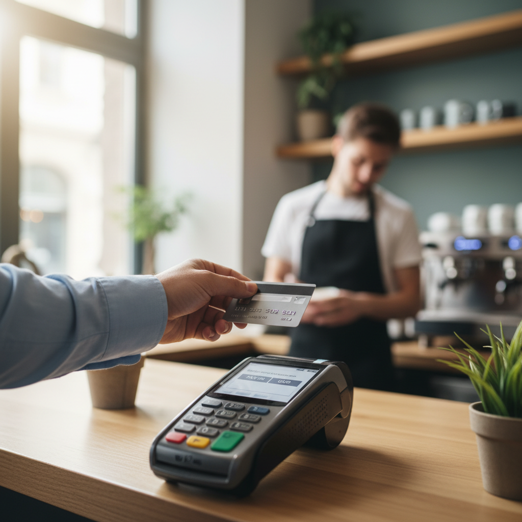 Traveler paying at an overseas card terminal and choosing currency conversion options