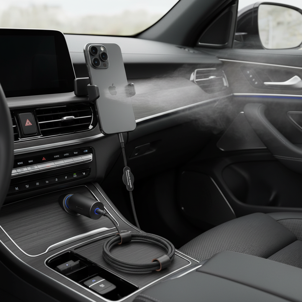 Recommended iPhone car charging setup with USB-C PD charger, short cable, and cool air vent mount