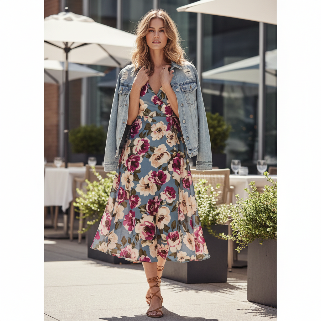 Floral midi dress brunch outfit with denim jacket and sandals