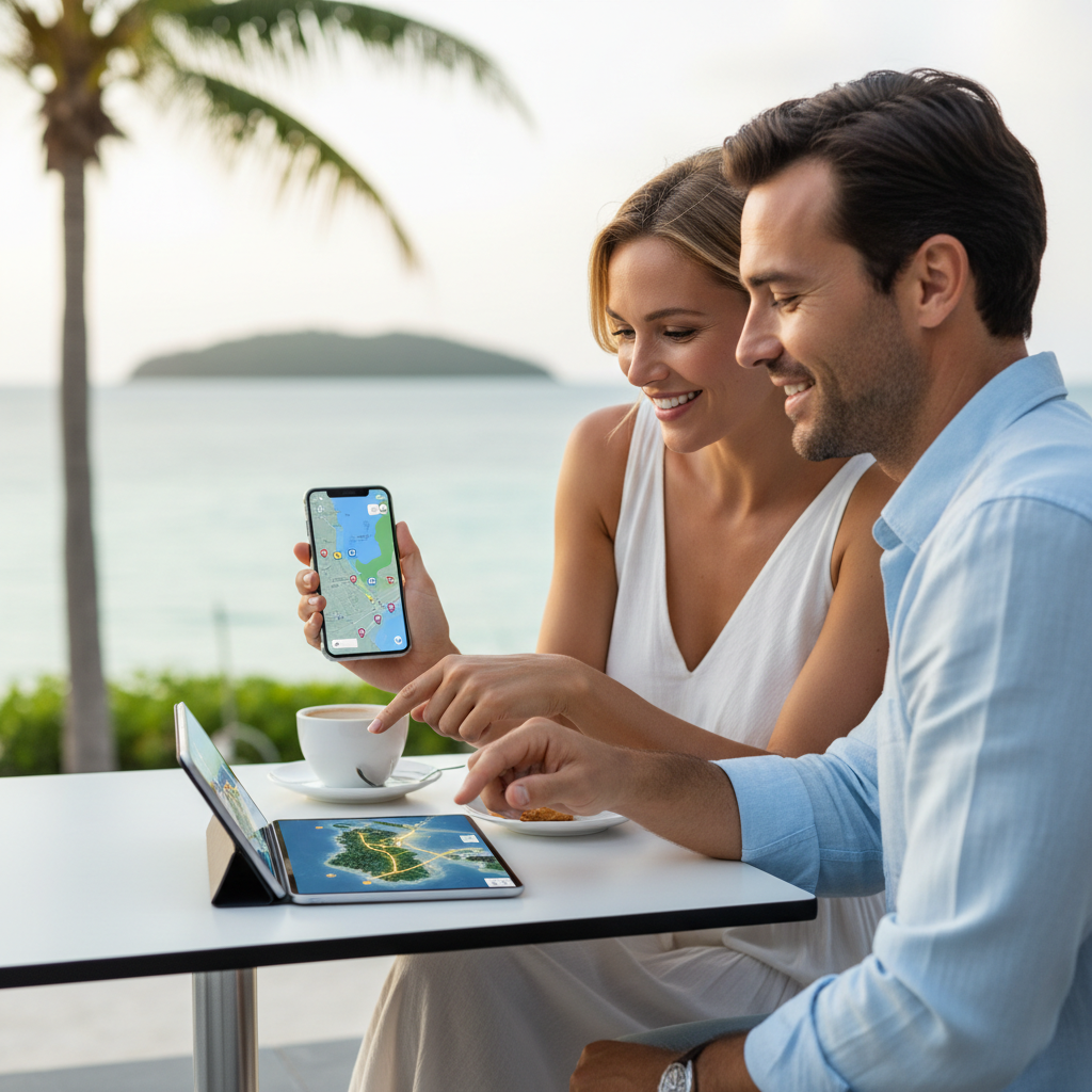 Couple comparing island hotel options and beach location on a phone map