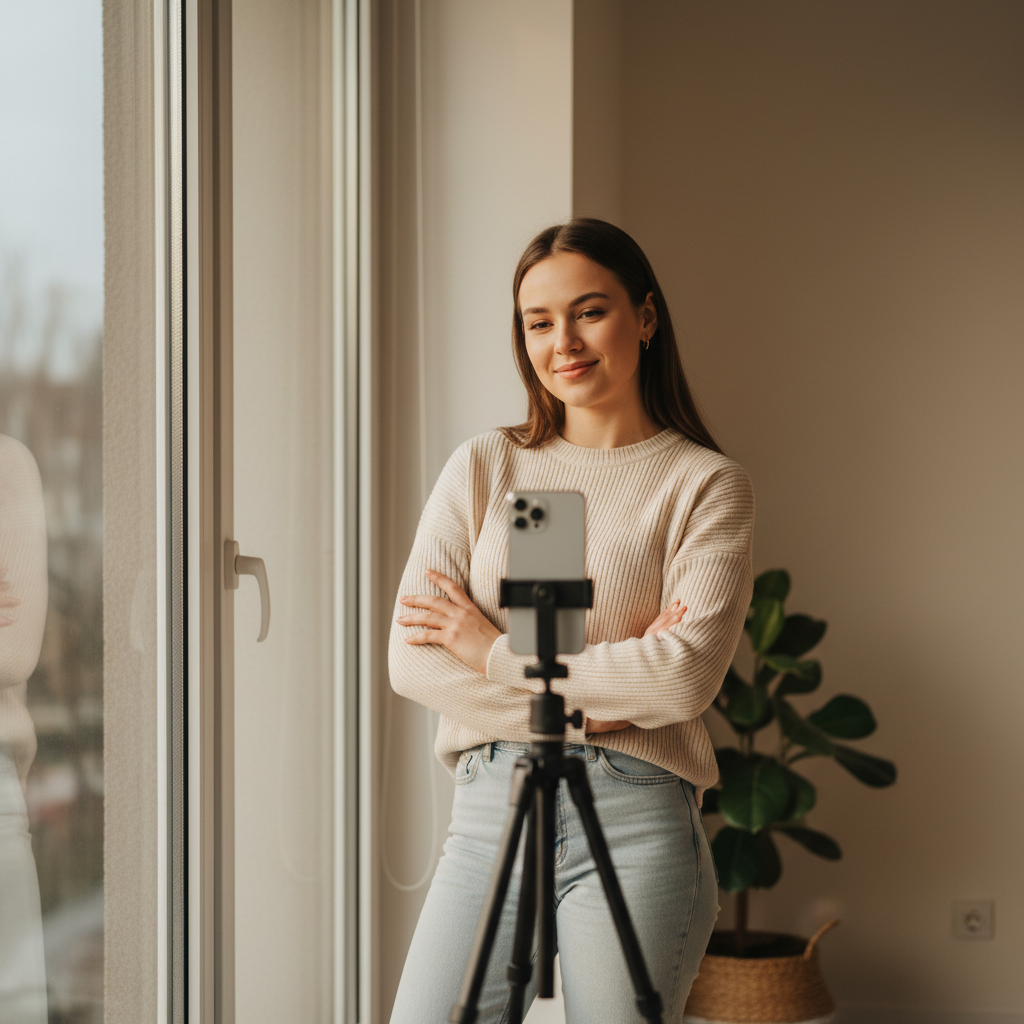 Person posing confidently for Instagram photo in natural light