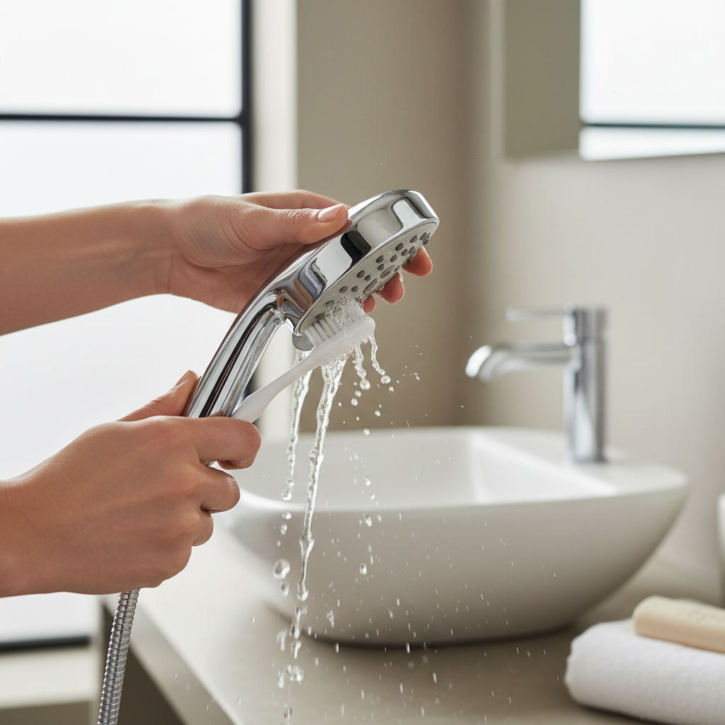Hands cleaning shower head nozzles with a soft toothbrush under running water