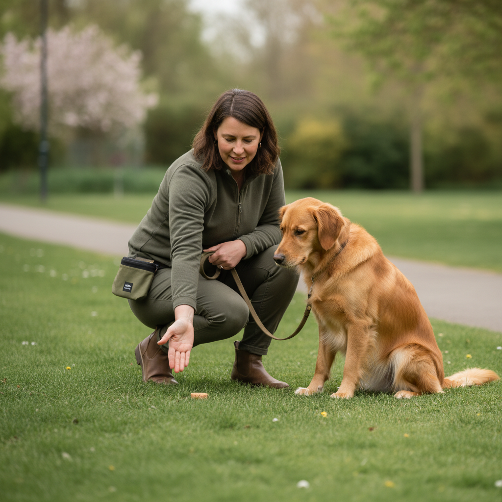 Owner practicing leave it cue with dog on leash near grass during training