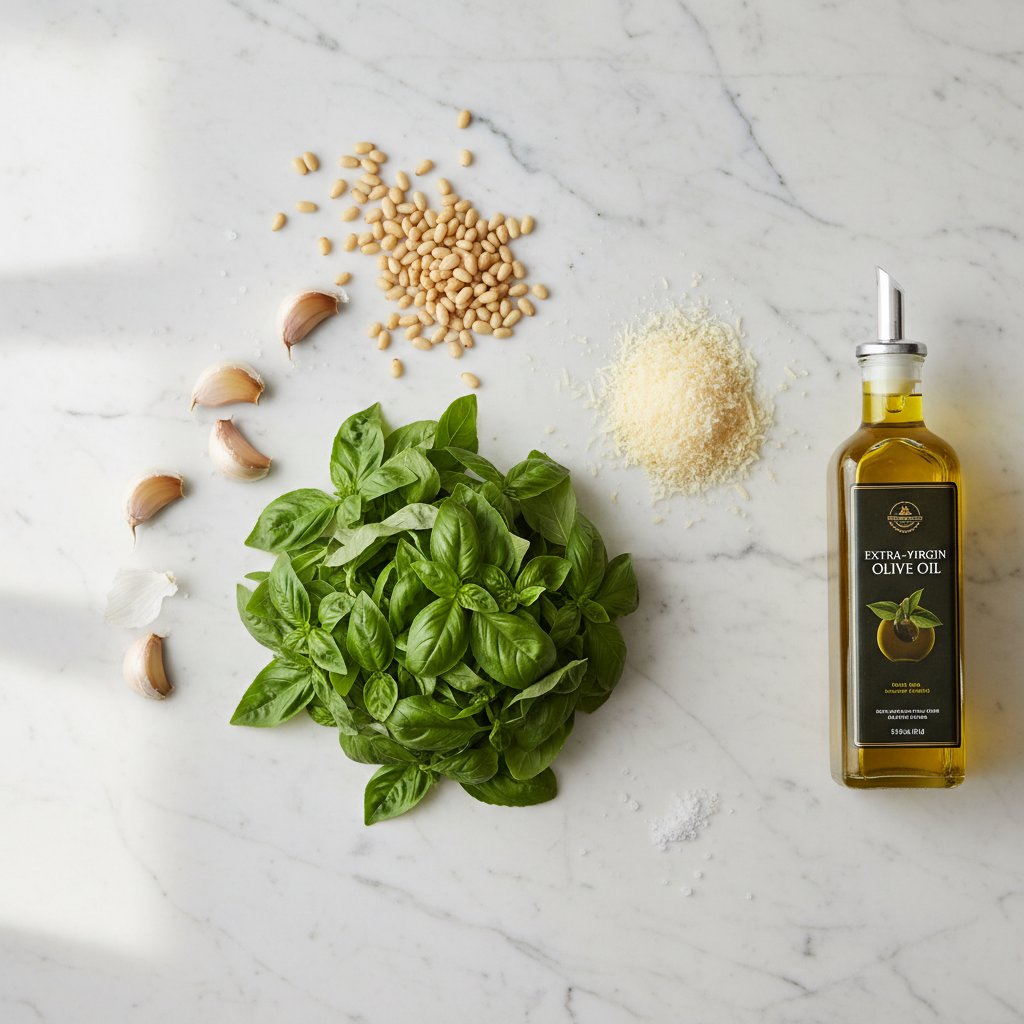 Fresh basil, garlic, pine nuts, Parmesan, and olive oil arranged for pesto making