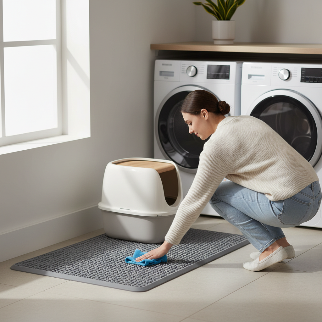 Hand wiping a waterproof litter mat with a cloth next to a litter box