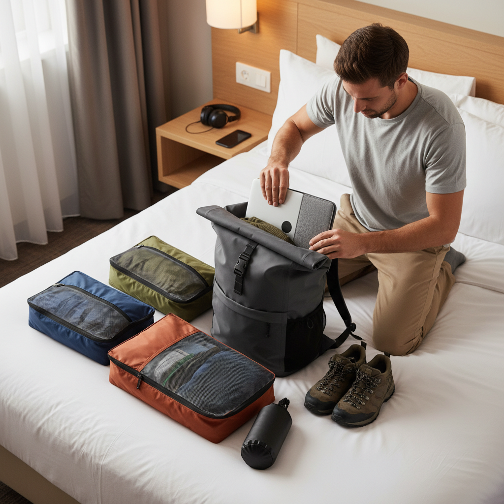 Man packing waterproof travel backpack with dry bags and laptop sleeve