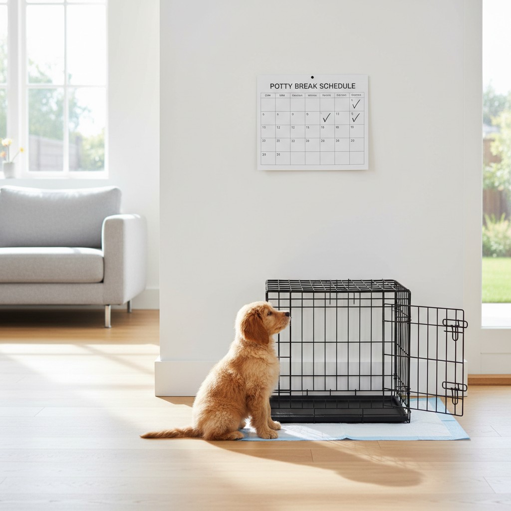 Puppy potty training routine with crate and outdoor break schedule