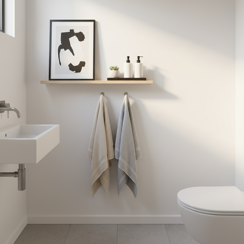 Small bathroom shelf with curated decor, tray, and coordinated towels