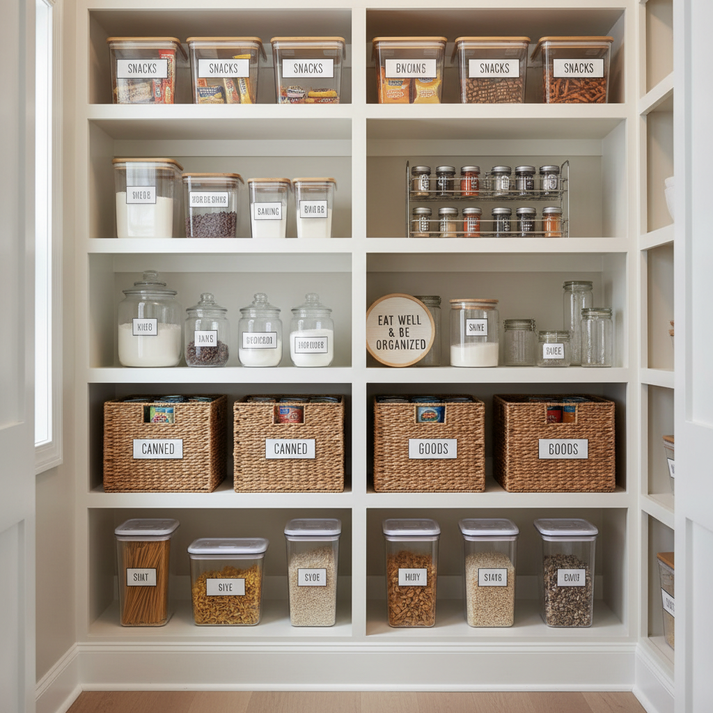 Beginner-friendly pantry organization with labeled bins and clear zones