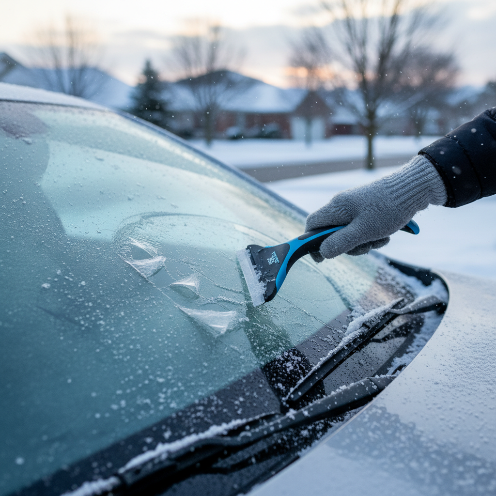 Driver using an ice scraper on a windshield during a snowy morning commute