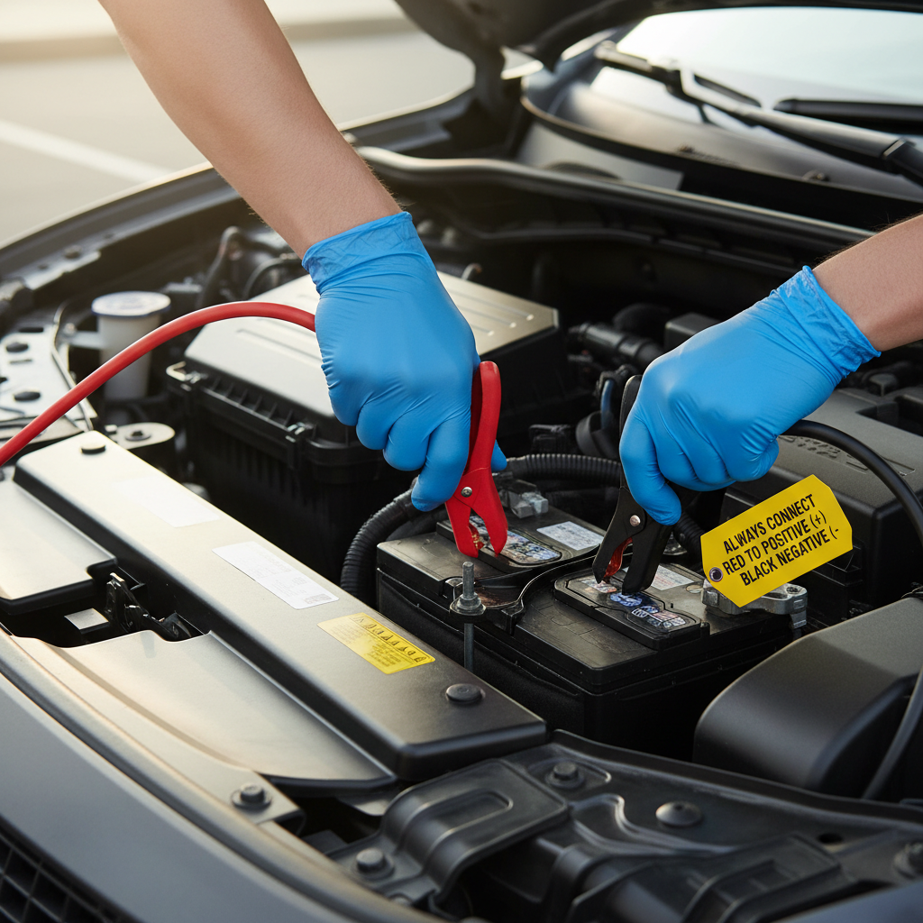 Hands connecting red and black clamps to car battery terminals safely